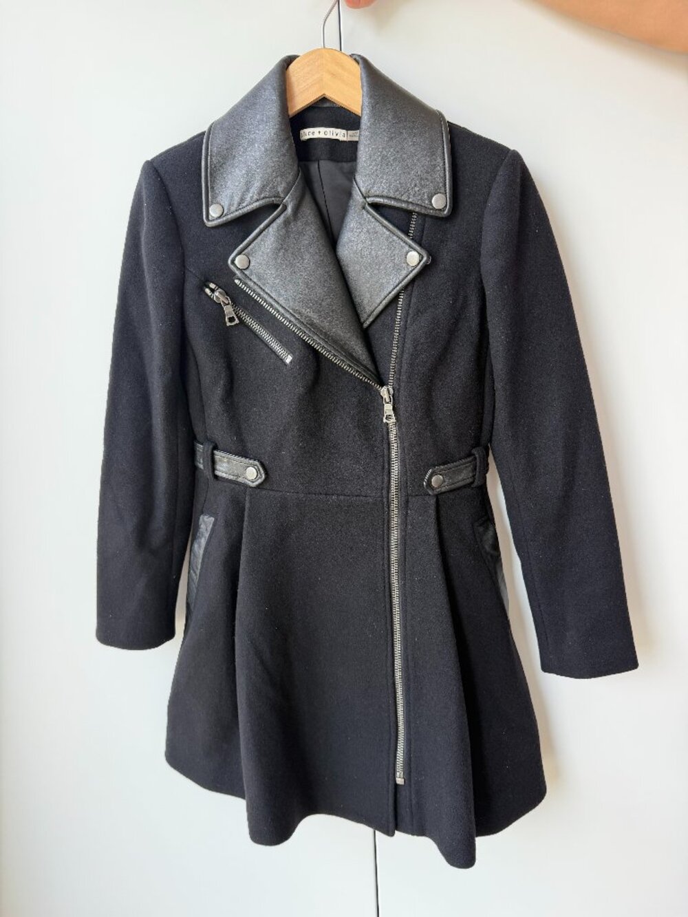 Alice + Olivia Black Wool Leather Moto Fit & Flare Coat – S